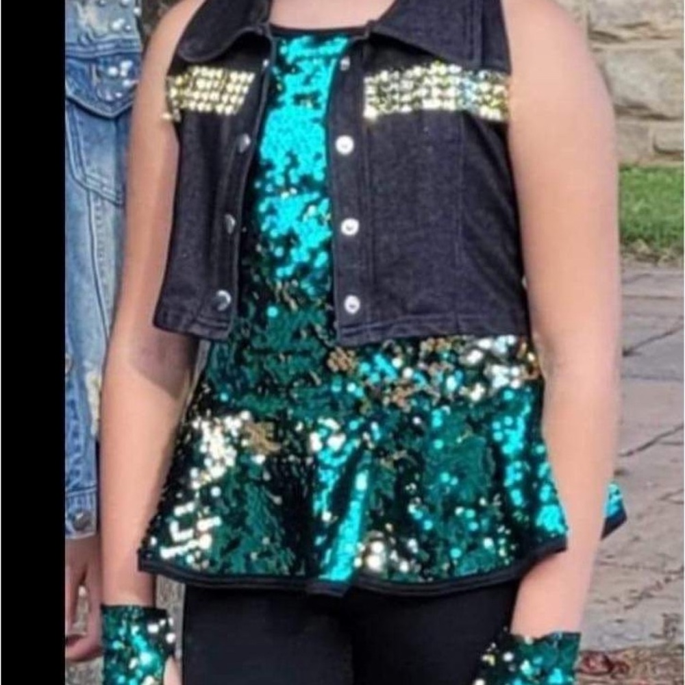 Sequin Peplum Top with Denim Vest